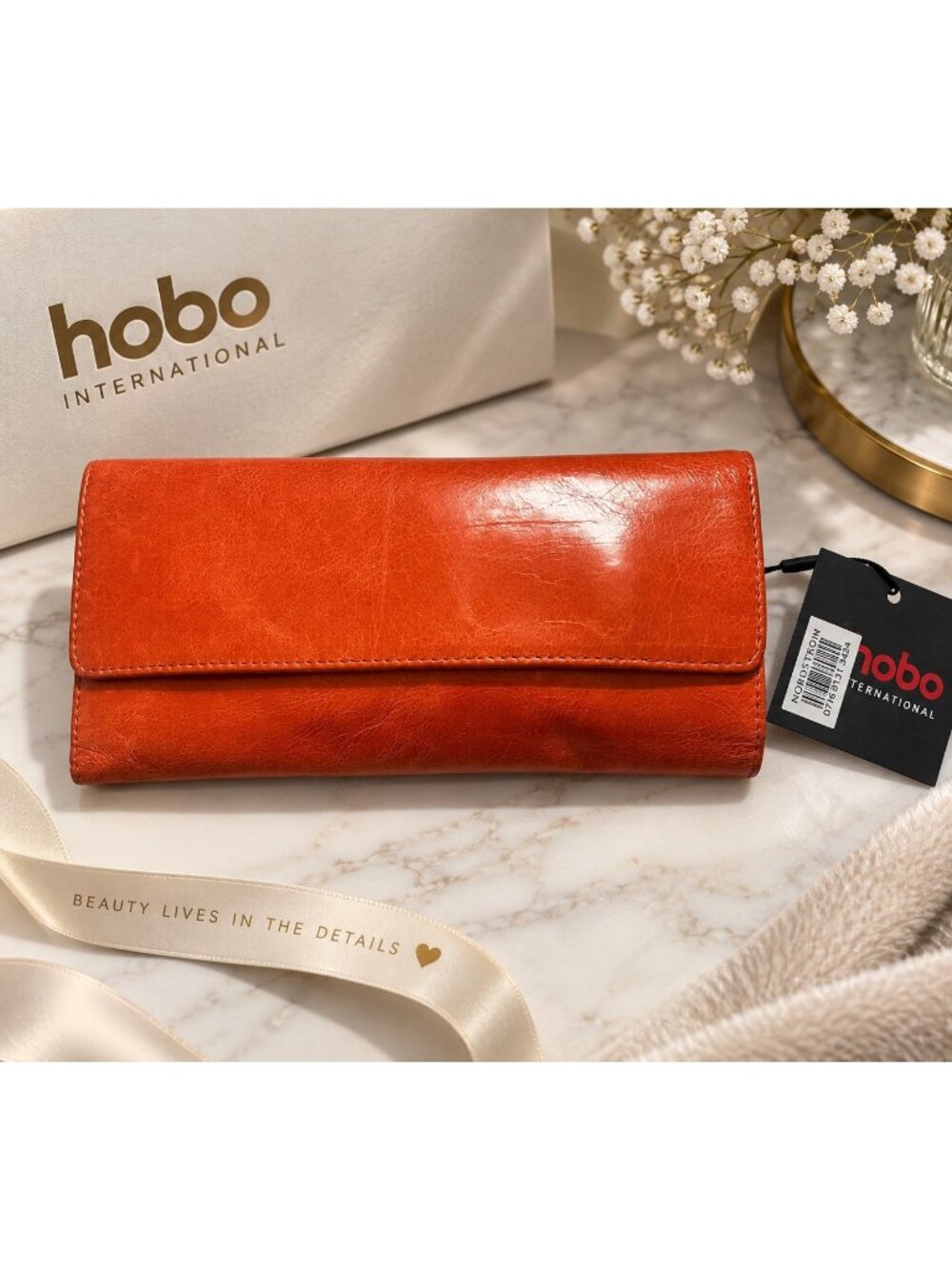 HOBO International Orange Leather Trifold Wallet Clutch Organizer NWT Womens